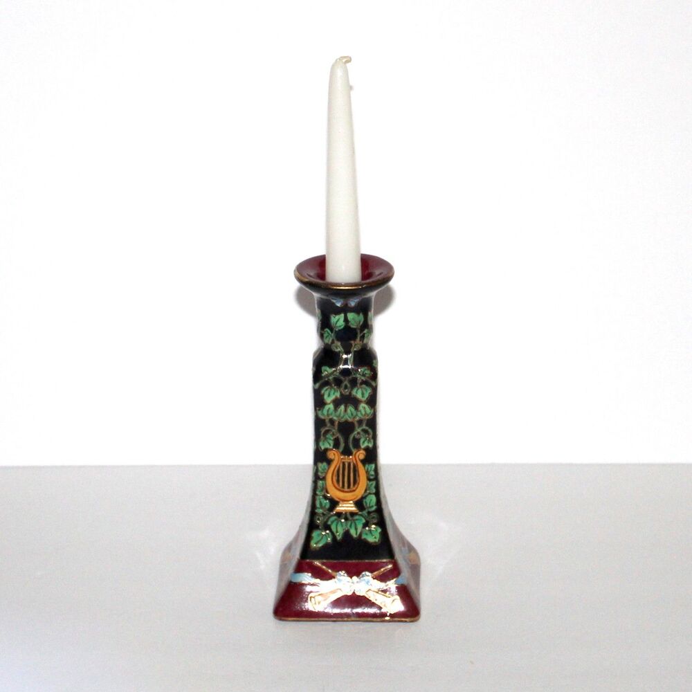 Vintage Candlestick Candle Holder 8.5” ceramic black red gold music